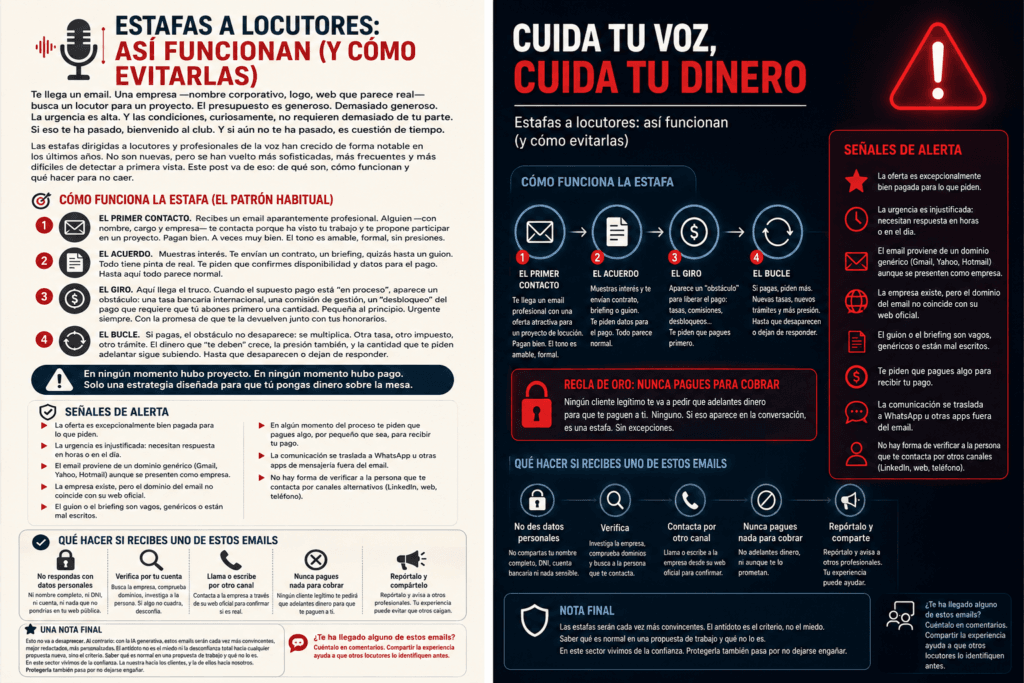 Infografía sobre estafas a locutores por email: cómo funcionan, señales de alerta y qué hacer