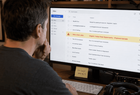 Locutor profesional revisando emails de ofertas de trabajo sospechosas en su estudio