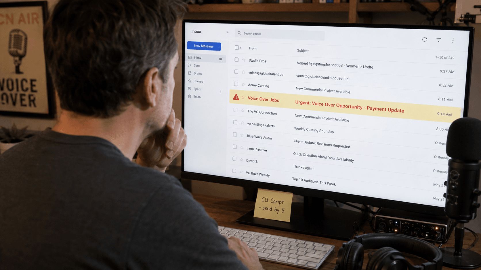 Locutor profesional revisando emails de ofertas de trabajo sospechosas en su estudio