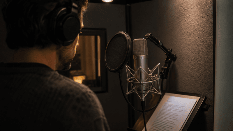 Locutor profesional grabando en solitario en su home studio insonorizado