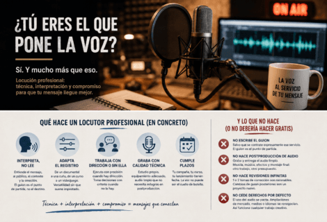 Locutor profesional grabando en estudio junto a una infografía sobre qué hace un profesional de la voz.