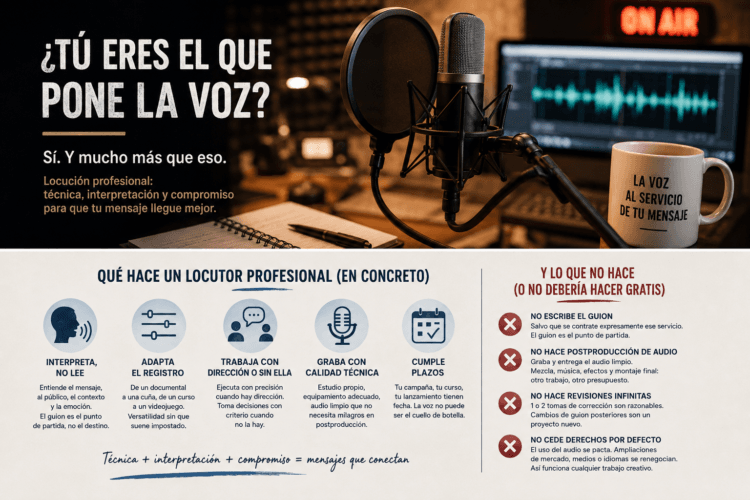 Locutor profesional grabando en estudio junto a una infografía sobre qué hace un profesional de la voz.