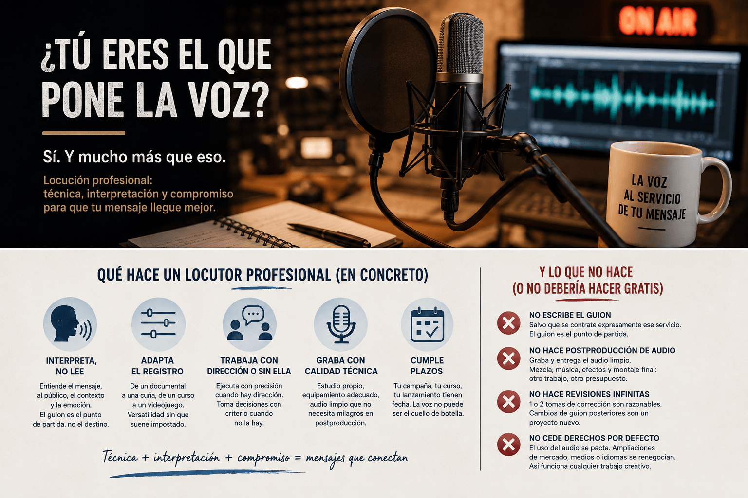Locutor profesional grabando en estudio junto a una infografía sobre qué hace un profesional de la voz.