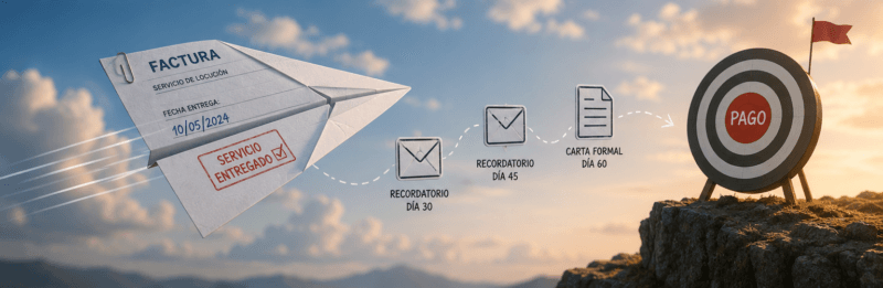 Factura de un servicio de locución convertida en avión de papel que pasa por recordatorios hasta alcanzar el pago.
