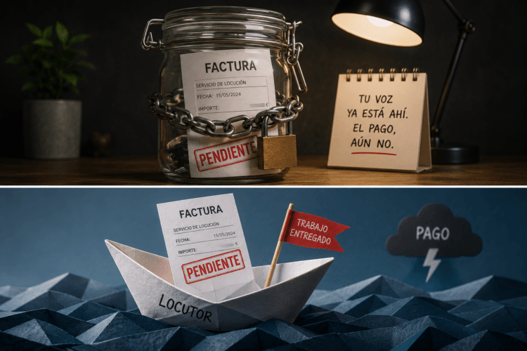 Factura de locución pendiente atrapada en un frasco con candado y representada en un barco de papel a la deriva.