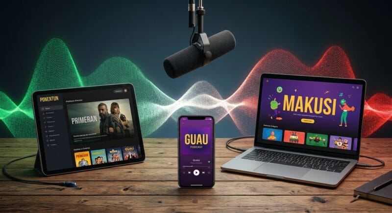 Una composición que muestra un ecosistema de medios digitales sobre una mesa de madera. En el centro, un micrófono de estudio profesional cuelga sobre tres dispositivos encendidos: una tablet mostrando la plataforma PRIMERAN, un smartphone con la app de audio GUAU, y un portátil con la plataforma infantil MAKUSI. Ondas de sonido estilizadas se mueven en el fondo, simbolizando la convergencia del contenido y la voz.
