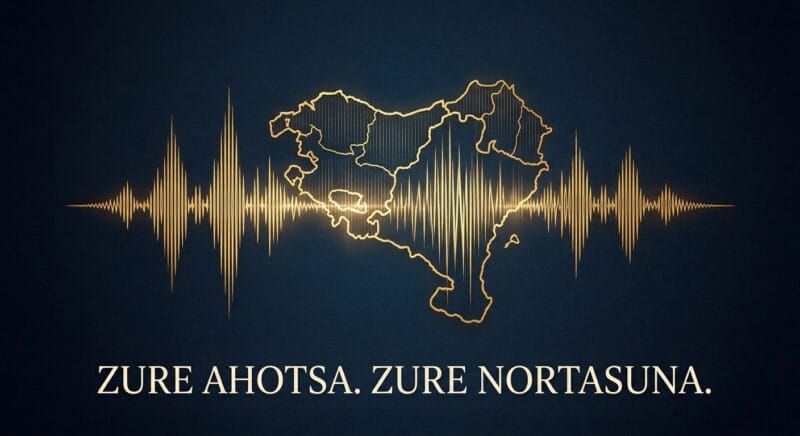 Una imagen conceptual sobre un fondo azul oscuro profundo. En el centro, una onda de sonido gráfica compleja, rendered en oro vibrante, se superpone y se fusiona sutilmente con el contorno geográfico del País Vasco (Euskal Herria) y Navarra, representando la identidad sonora vasca. Debajo, en tipografía dorada, se lee el texto en euskera: "ZURE AHOTSA. ZURE NORTASUNA." (Tu voz. Tu identidad.).