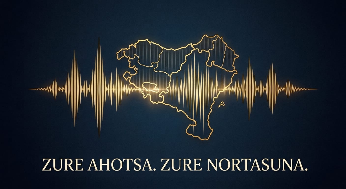 Una imagen conceptual sobre un fondo azul oscuro profundo. En el centro, una onda de sonido gráfica compleja, rendered en oro vibrante, se superpone y se fusiona sutilmente con el contorno geográfico del País Vasco (Euskal Herria) y Navarra, representando la identidad sonora vasca. Debajo, en tipografía dorada, se lee el texto en euskera: "ZURE AHOTSA. ZURE NORTASUNA." (Tu voz. Tu identidad.).
