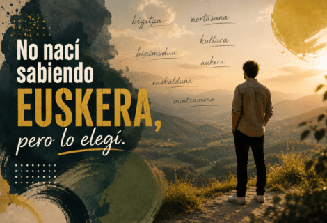 Locutor en euskera contemplando un paisaje de Euskadi junto a palabras en euskera que representan aprendizaje, identidad y cultura.