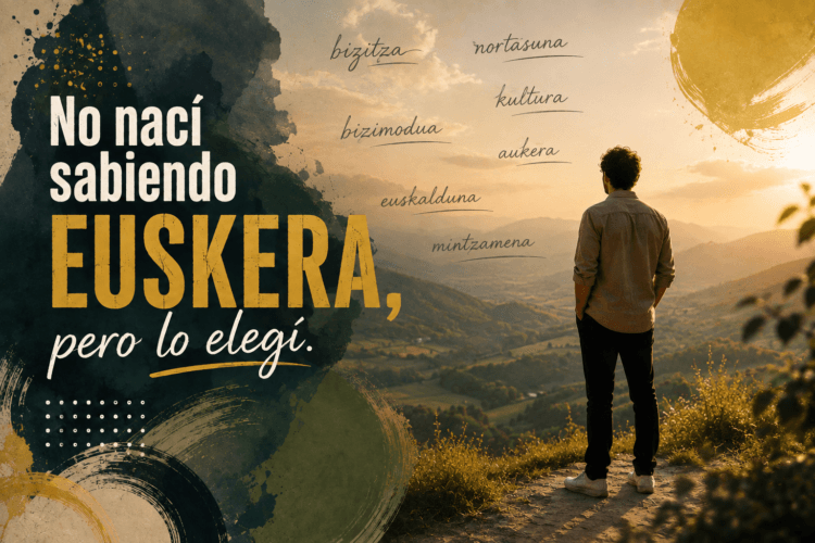 Locutor en euskera contemplando un paisaje de Euskadi junto a palabras en euskera que representan aprendizaje, identidad y cultura.