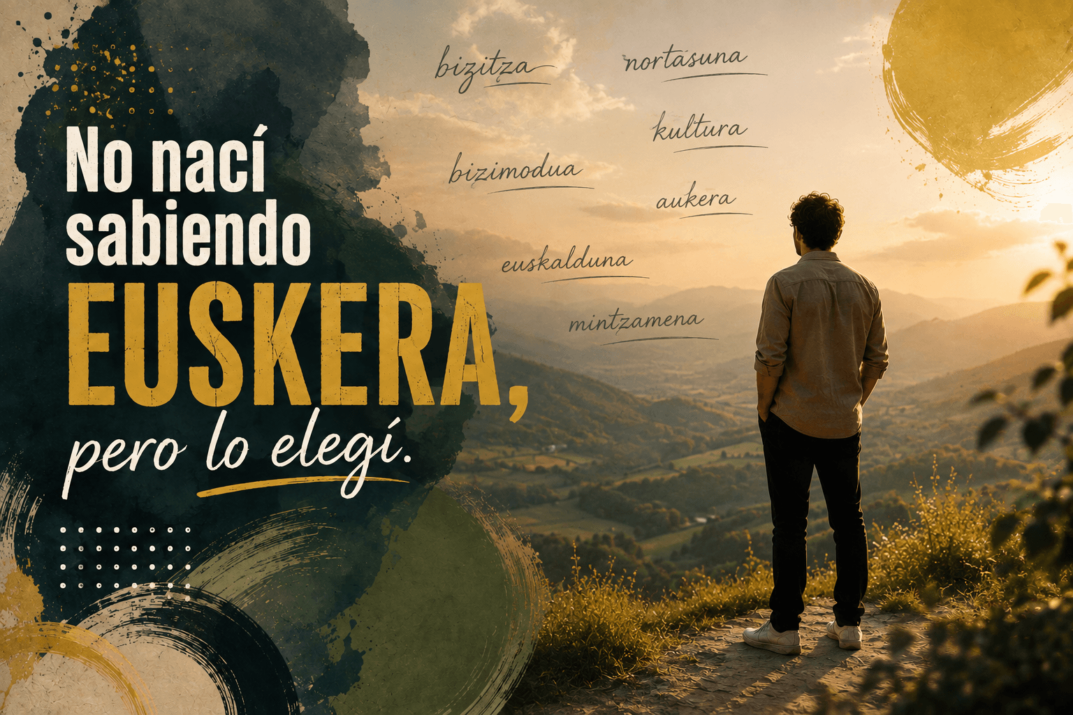 Locutor en euskera contemplando un paisaje de Euskadi junto a palabras en euskera que representan aprendizaje, identidad y cultura.